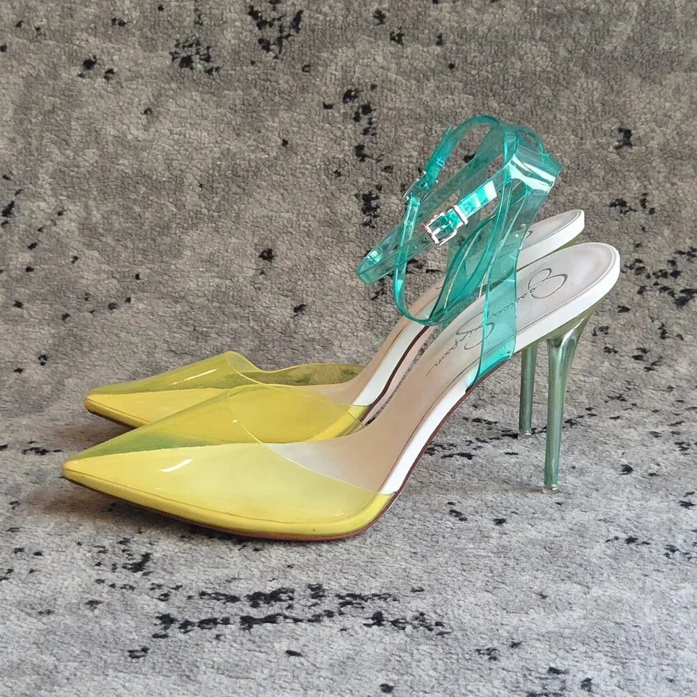 Jessica Simpson Pirrie Clear Yellow Ankle Strap Slingback Pumps Stilettos 12 - Picture 2 of 7